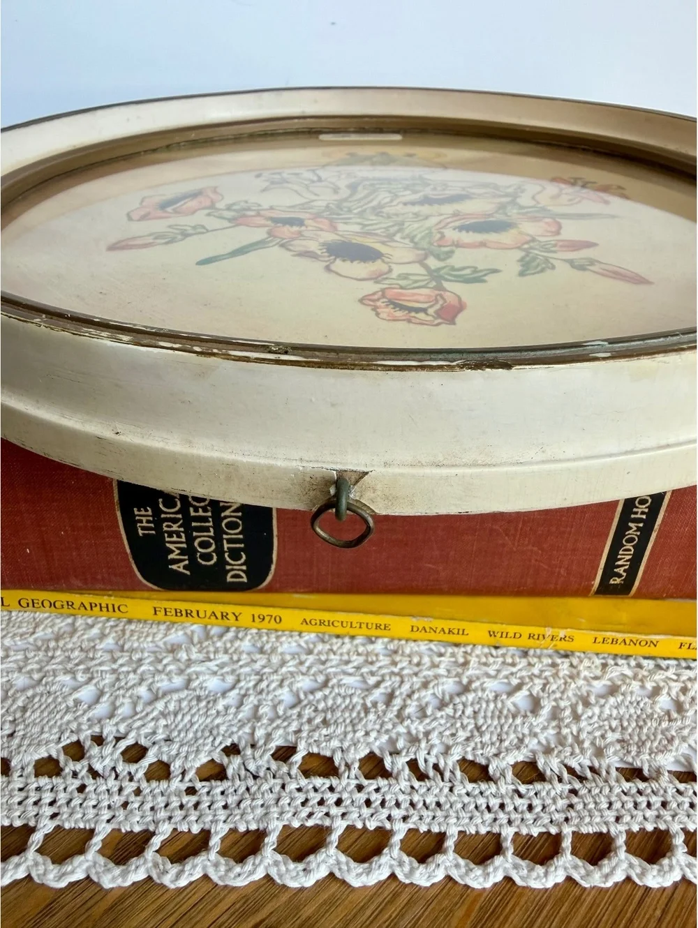 Vintage 1940s Hand Painted Floral Wall Art Round Peony Painting Ivory Frame